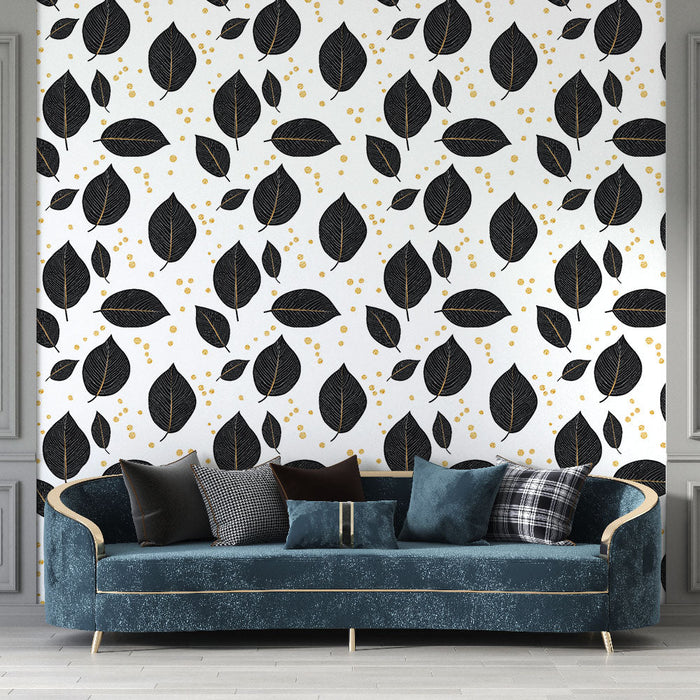 Tapet cu motive de frunze | Frunze negre elegante pe un fundal alb cu accente aurii