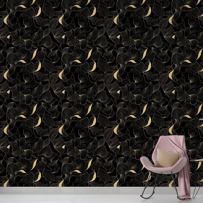 Fototapet listnati vzorci | Črne in zlate liste na temnem ozadju