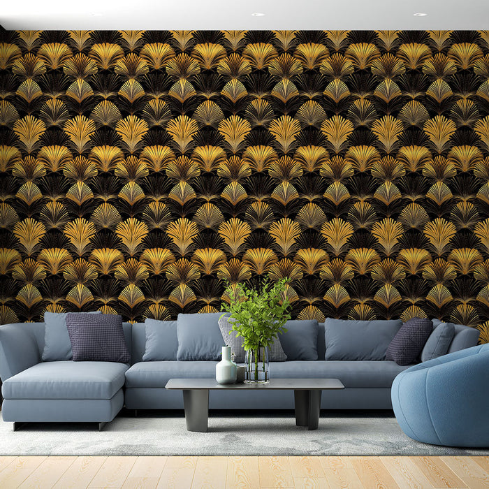 Tapete με χρυσά μοτίβα φοίνικα | Αρτ ντεκό κομψότητα με βαθύ μαύρο φόντο