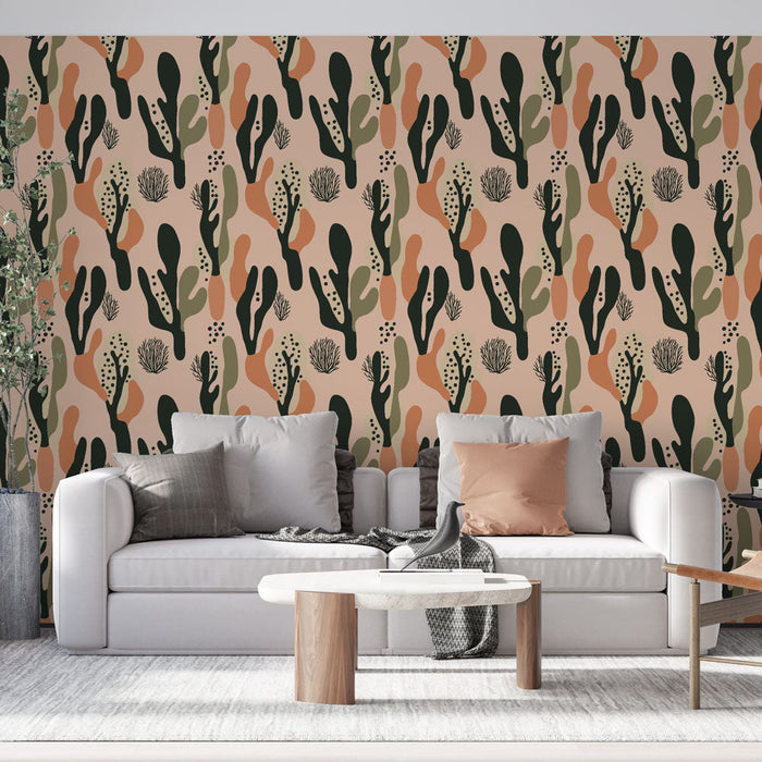 Papel de parede com motivos de plantas | Floral abstrato com tons de rosa e verde