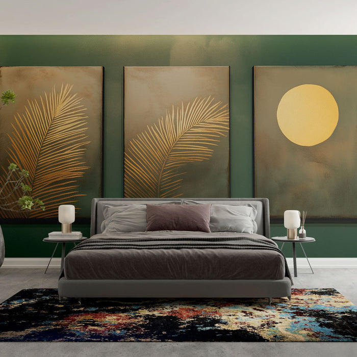 Tapetti kultaisilla kuvioilla | Palmunlehtiä ja kirkas aurinko