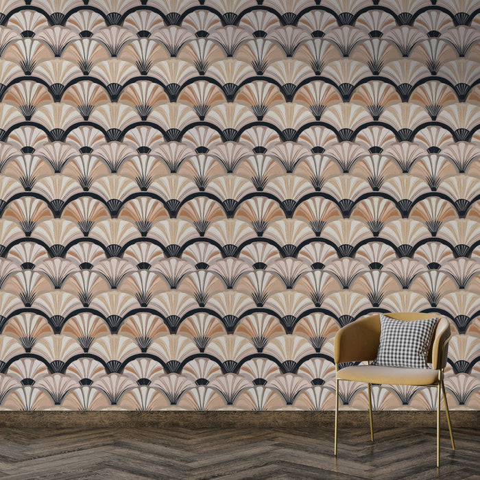 Mural Wallpaper fan-shaped patterns | Elegant copper and black patterns on a cream background