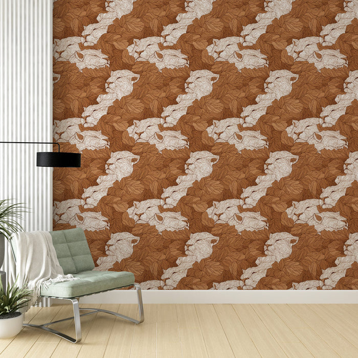 Fototapeet feliinimotiividega | Stiliseeritud lõvi pea ümbritsetud pruuni lehestikuga