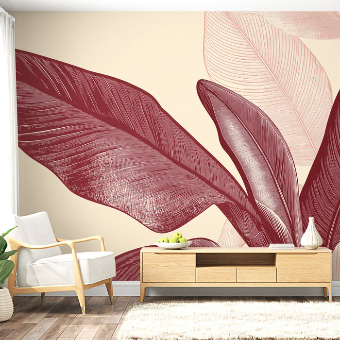 Ταπετσαρία τοίχου με σχέδια φύλλων Μπορντό | Κομψά φύλλα σε αποχρώσεις μπορντό σε απαλό φόντο