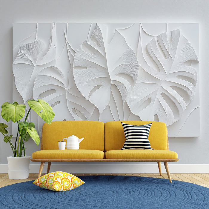 Tapeta s listovými vzory | Čistý design s vyvýšenými bílými listy na neutrálním pozadí