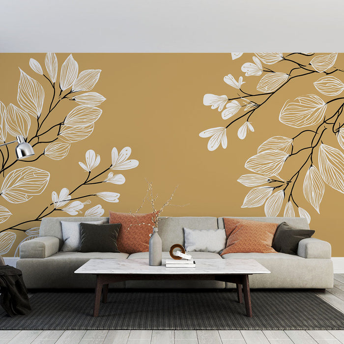 Tapete cvjetni uzorci | Bijele grane na zlatnoj pozadini