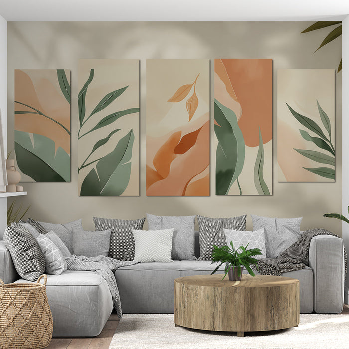 Mural Wallpaper floral patterns | Abstract composition of leaves and terracotta shades
