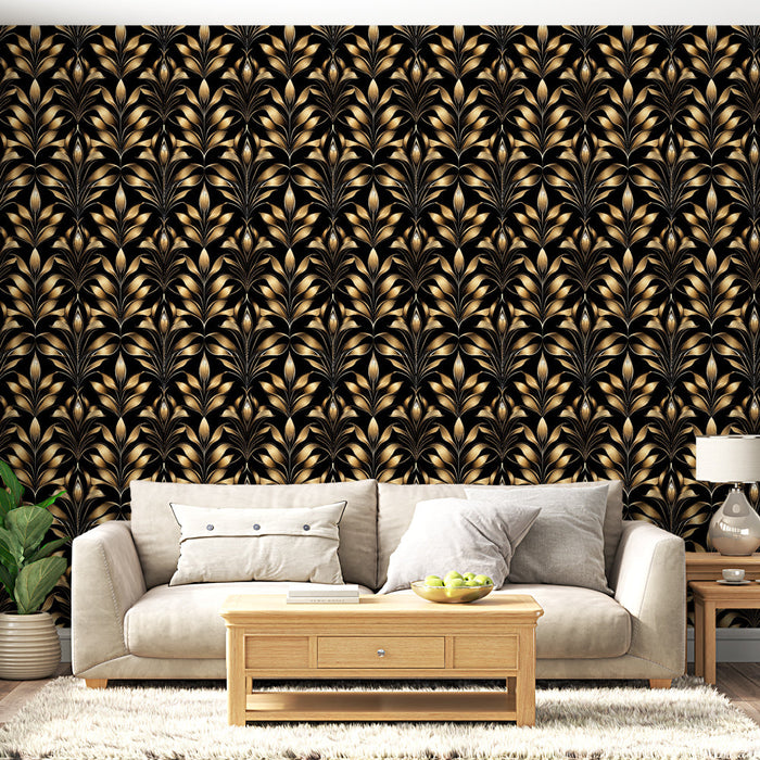 Tapete με χρυσά ανθώδη μοτίβα | Αιώνια κομψότητα με βαθύ μαύρο φόντο