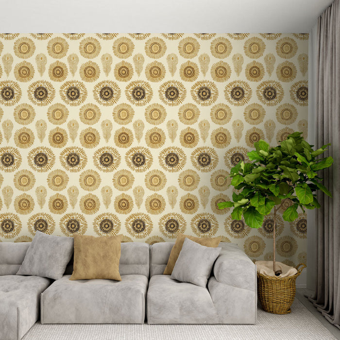 Tapeta s zlatými květinovými motivy | Zlaté květiny a elegantní design na krémovém pozadí