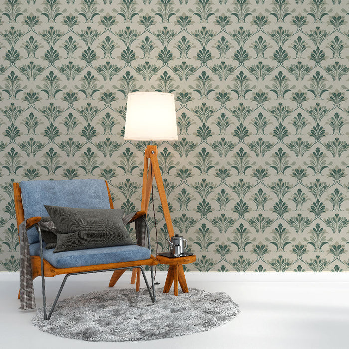 Tapetti kukkakuvioilla | Elegantit vaaleanvihreät kuviot kermaisella taustalla