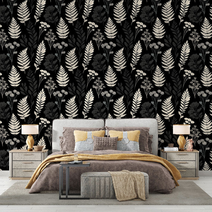 Mural Wallpaper floral patterns | Ferns and delicate flowers on a black background