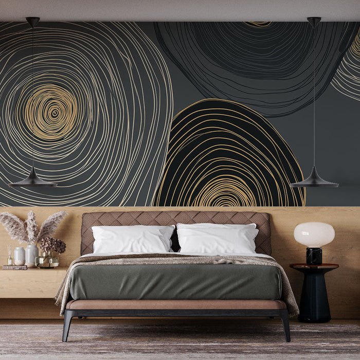 Mural Wallpaper geometric patterns | Circles in golden linear on gray background