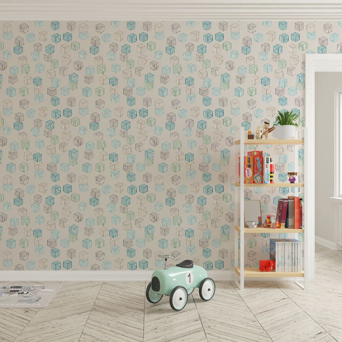 Foto Behang geometrische patronen | Kubussen in tinten blauw en groen