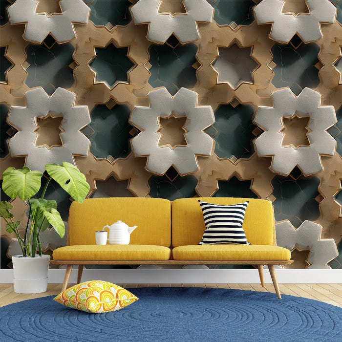 Tapete με γεωμετρικά μοτίβα | Στιλιζαρισμένα αστέρια σε κρεμ και πράσινες αποχρώσεις