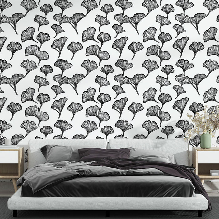 Tapete ginkgo | Zartes Motiv von Ginkgoblättern in Schwarz und Weiß