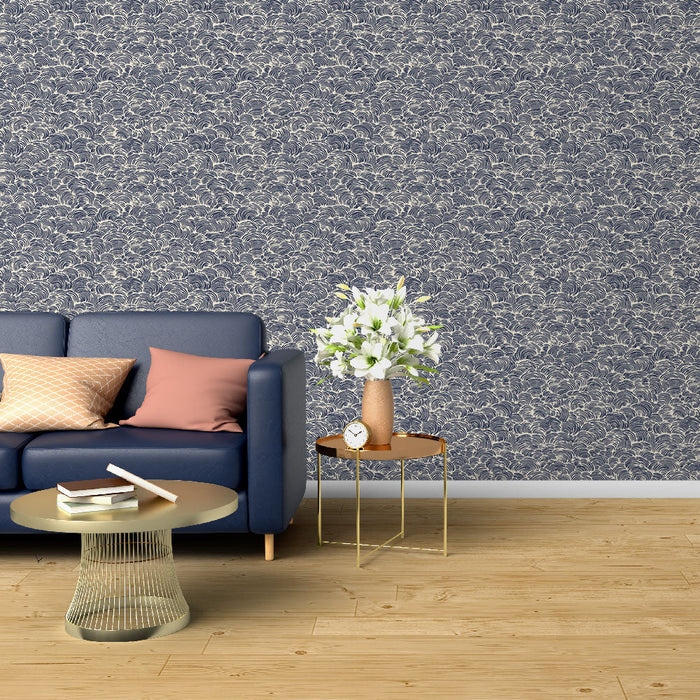 Carta da parati a onde sinuose | Eleganza delle onde in blu navy e crema