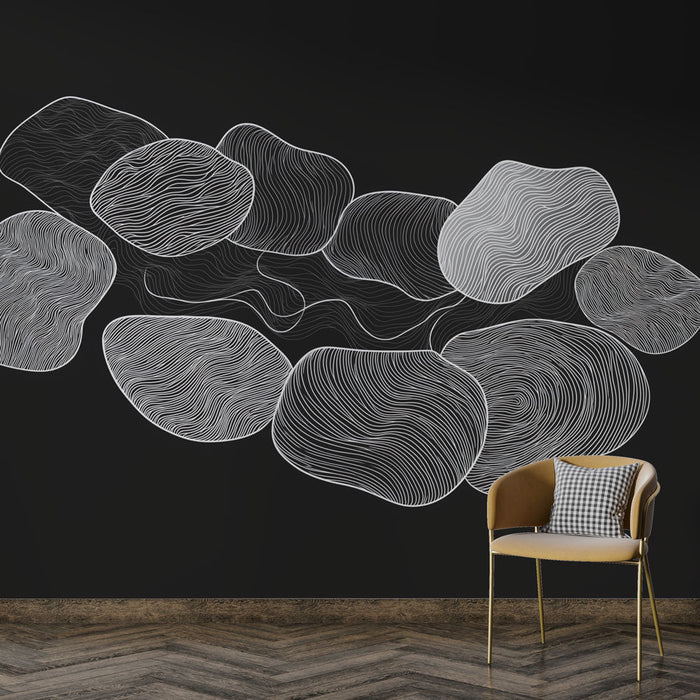 Tapeta organické vzory | Abstraktní tvary ve bílých liniích na černém pozadí