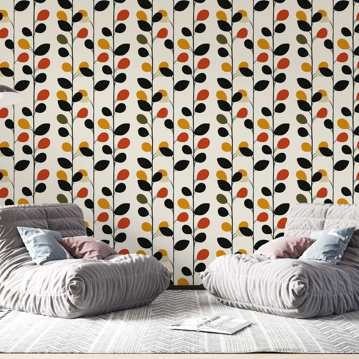 Carta da parati con motivi botanici | Viti stilizzate con foglie colorate su sfondo chiaro