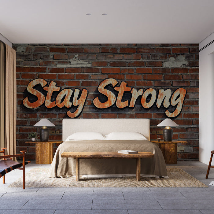 Tapete Motivation | Inschrift 'Stay Strong' auf einer Backsteinmauer