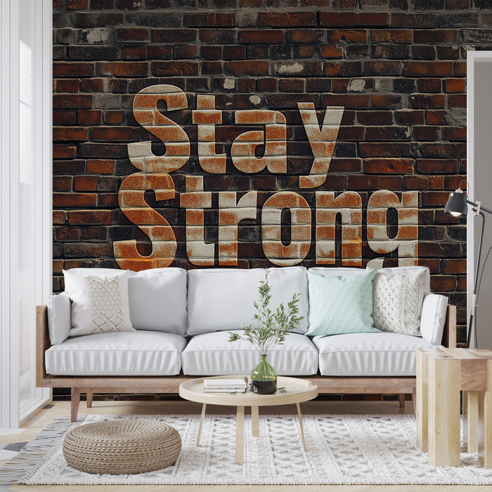 Foto Behang motivatie | Bakstenen muur met de boodschap 'Stay Strong'