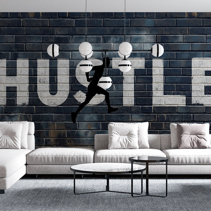 Foto Behang motivatie | Bakstenen muur met het woord 'HUSTLE' en silhouet van een hardloper