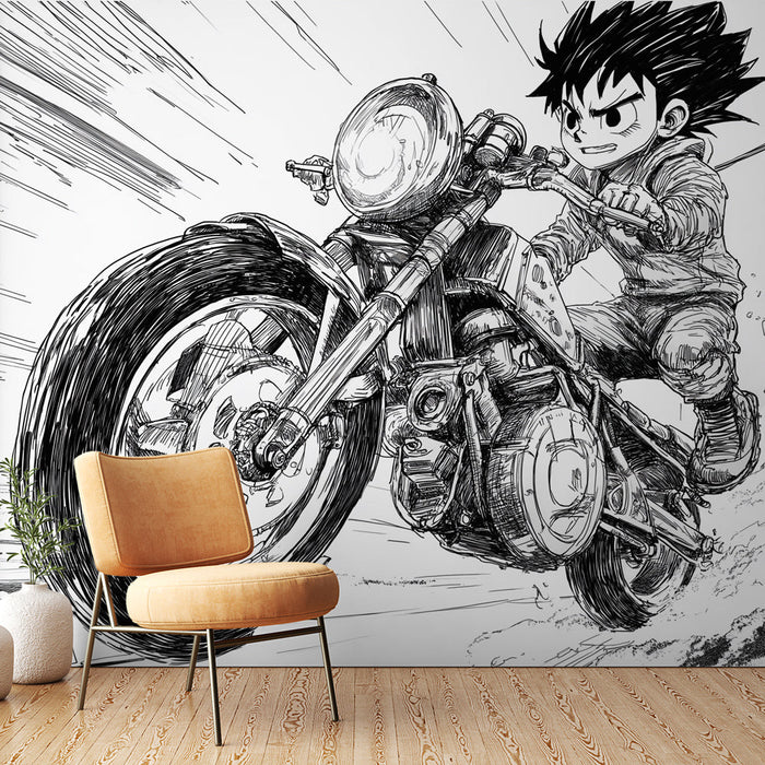 Ταπετσαρία τοιχογραφίας manga motorcycle | Ένας νεαρός αναβάτης με πλήρη ταχύτητα σε μια στυλιζαρισμένη μοτοσικλέτα