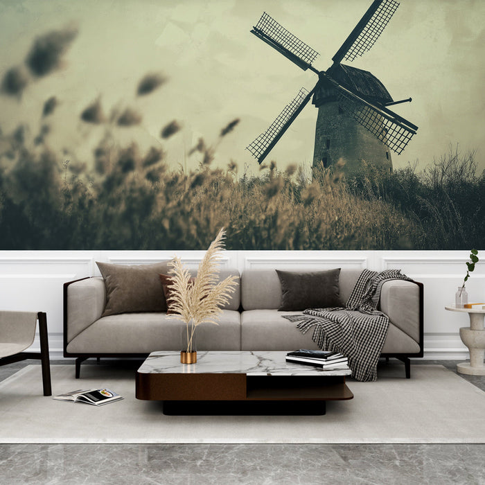 Carta da parati mulino a vento | Affascinante paesaggio di campagna con un vecchio mulino