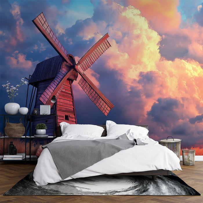 Carta da parati mulino a vento | Paesaggio romantico sotto un cielo colorato