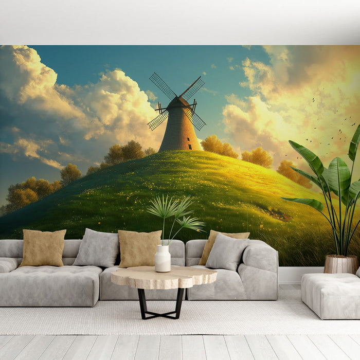 Carta da parati mulino a vento | Scena bucolica con mulino e campi verdi