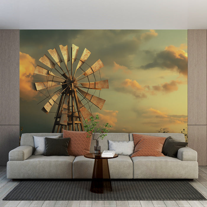 Freska tapeta vjetrenjača | Bukolički prizor s vjetrenjačom ispod zlatnog neba