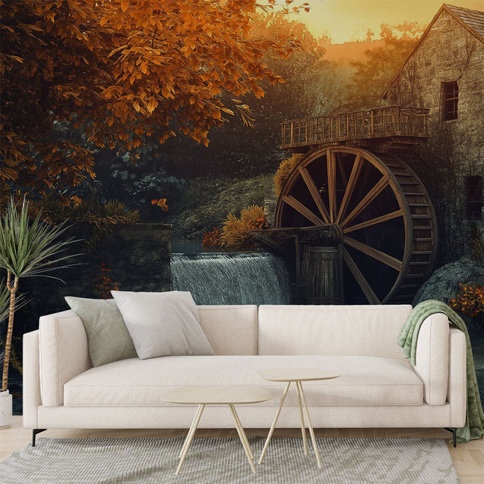 Falfestmény tapéta régi malom | Egy megnyugtató jelenet egy vízimalommal őszi környezetben