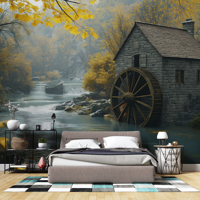 Tapeta mlin | Šarmantni vodeni mlin uz rijeku okružen zlatnim lišćem