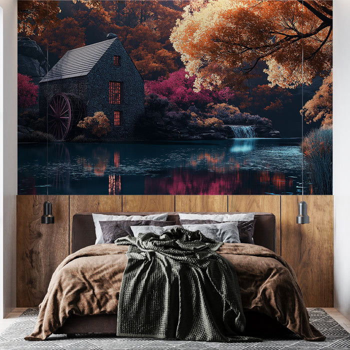 Tapeta młyn | Uroczy młyn wodny otoczony jesiennymi krajobrazami