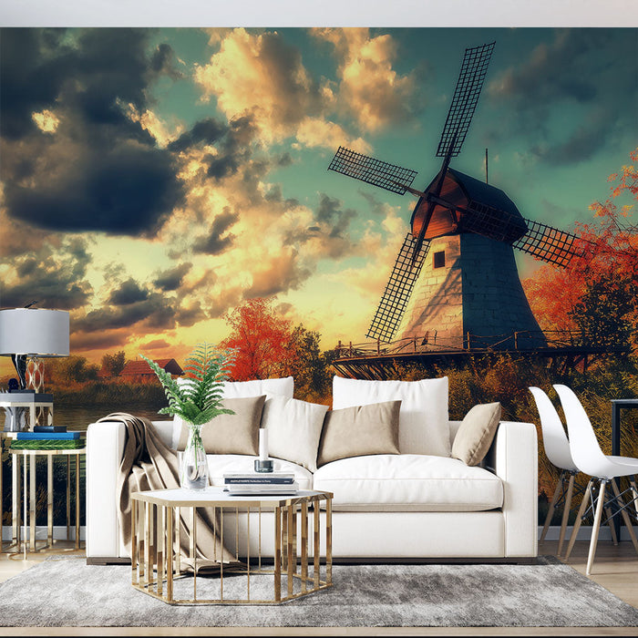 Mural Wallpaper vjetrenjača | Šarmantna vjetrenjača okružena jesenskim bojama
