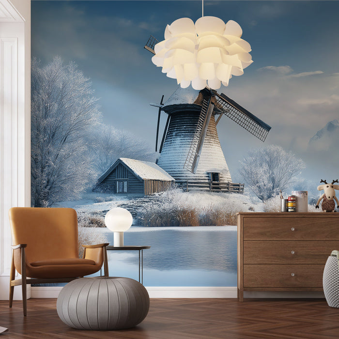 Carta da parati mulino a vento | Affascinante paesaggio invernale con mulino a vento in un ambiente tranquillo