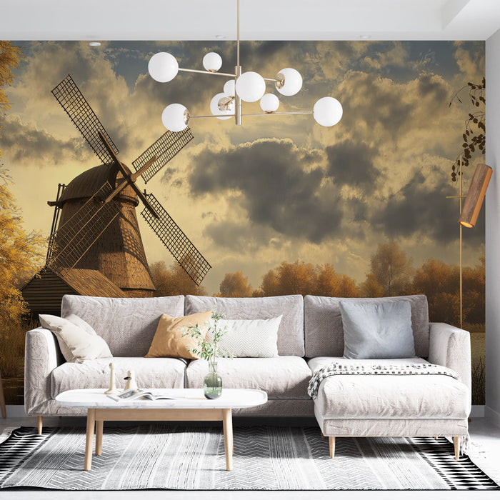 Carta da parati mulino a vento | Incantevole scena autunnale con mulino a vento tranquillo