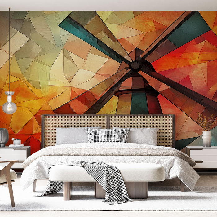 Carta da parati colorful-mill | Motivo geometrico astratto con un mulino a vento luminoso
