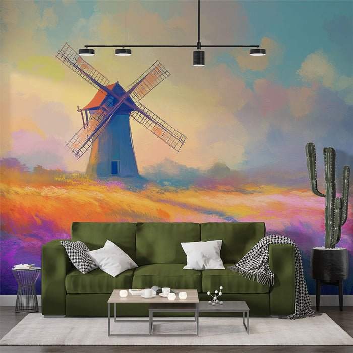 Falfestmény színes-malom | Virágok hatalmas mezője pasztell ég alatt