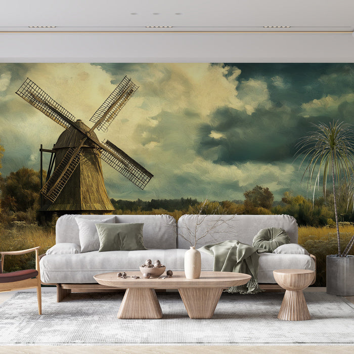 Tapet moara de vânt | Decor rural cu moară de vânt și câmpuri aurii