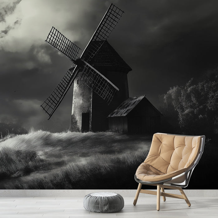 Freska tapeta mlin | Stavbe tipa mlin v črno-beli barvi