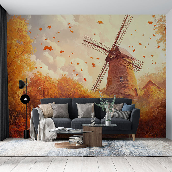 Falfestmény malom ősszel | Békés jelenet egy malommal és hulló levelekkel