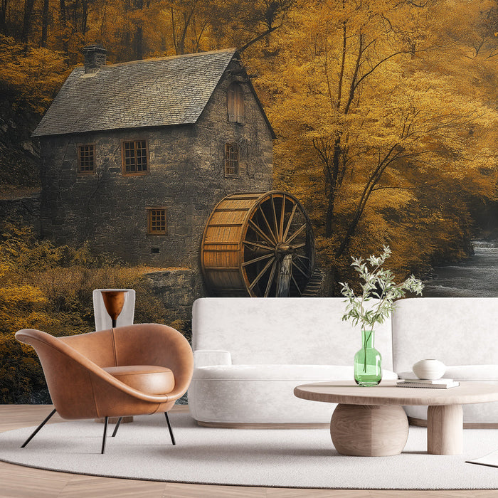 Tapete Mühle im Herbst | Malerische Szene mit einer Wassermühle und goldenen Blättern