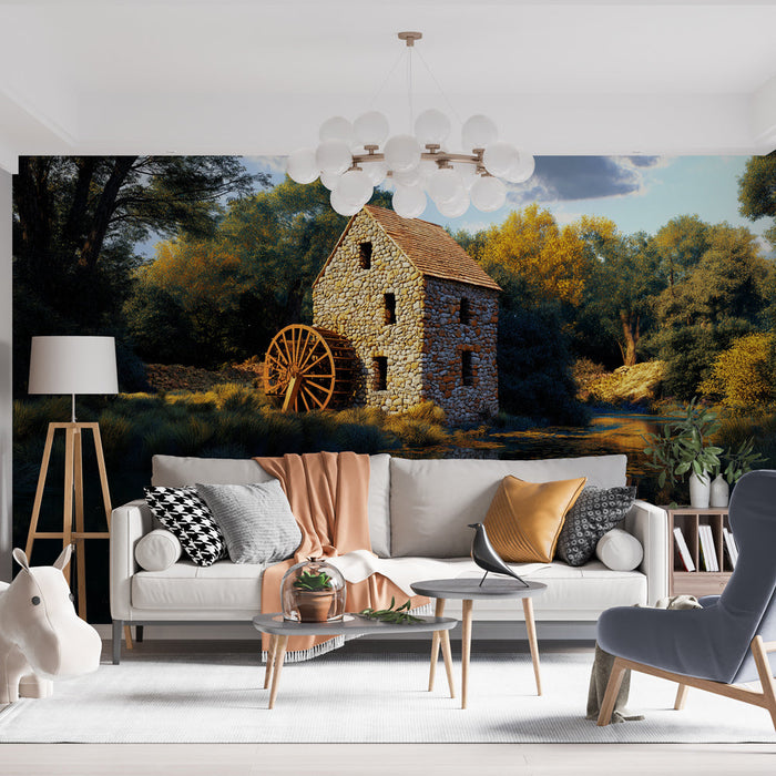 Falfestmény tapéta moulin | Nagyszerű kőmalom a víz mellett, zöld növényzettel körülvéve