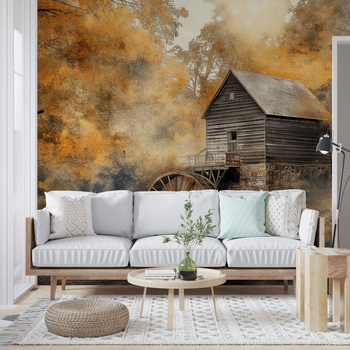 Fototapet mølle | Vandmølle omgivet af efterårsløv