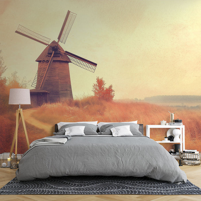 Carta da parati mulino a vento | Mulino a vento in un campo dorato
