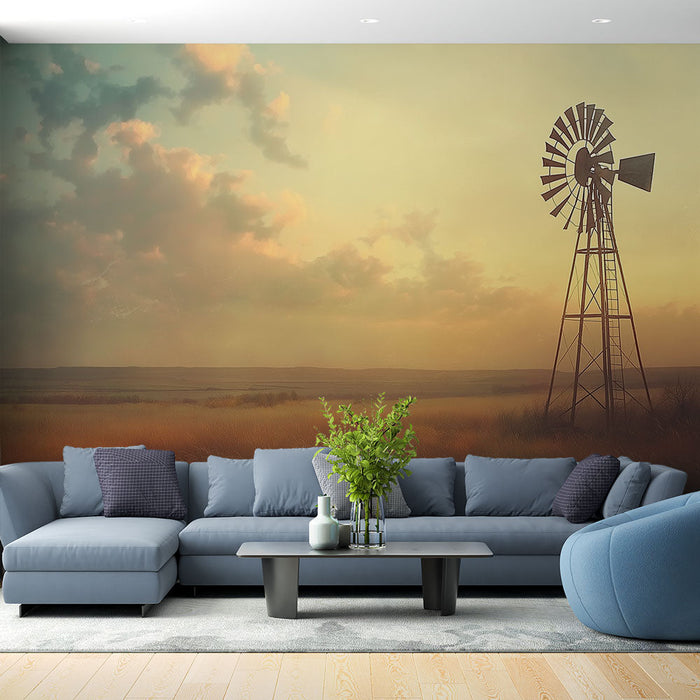 Carta da parati Mulino a vento | Mulino a vento in un paesaggio al tramonto dorato