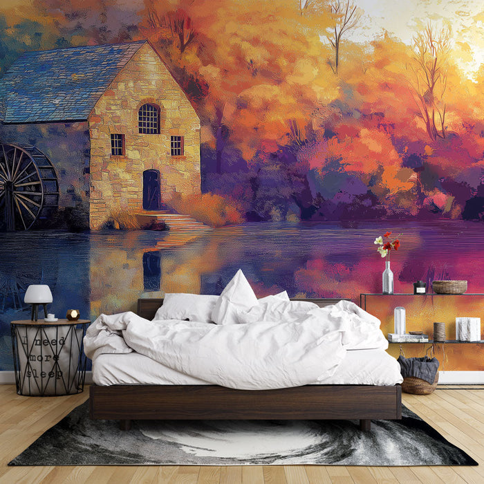 Papel pintado molino | Molino junto al agua en un paisaje otoñal