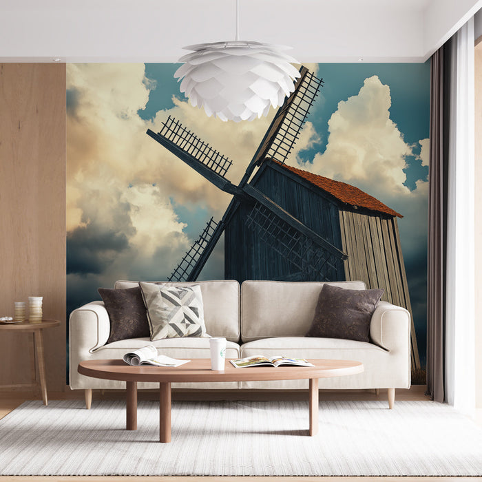 Zidna tapeta vjetrenjača | Drvena vjetrenjača pod dramatičnim nebom