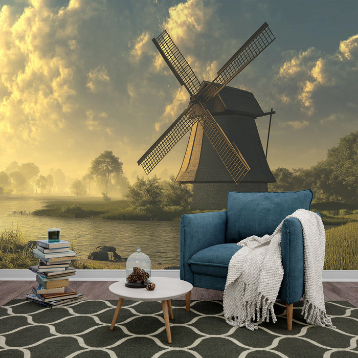 Carta da parati moulin | Mulino tradizionale sull'acqua sotto un cielo dorato