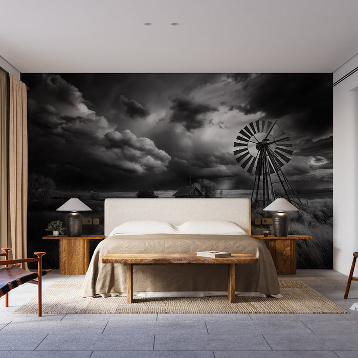 Carta da parati mulino a vento | Paesaggio drammatico in bianco e nero con mulino a vento